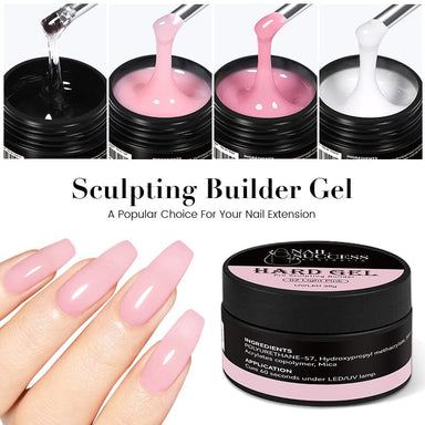 LED curable builder gel in clear, pink and white shades, shown in pots with long sculpted nails