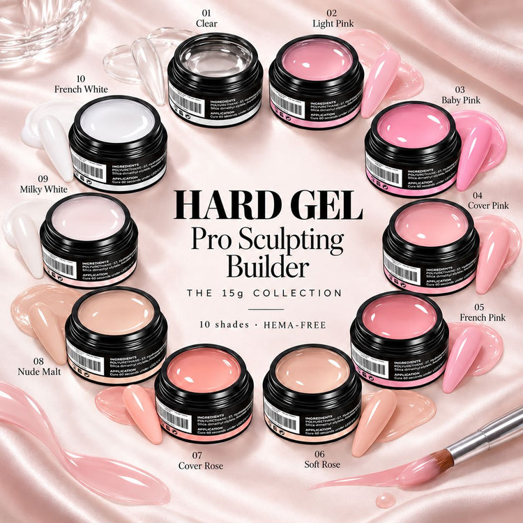 NSI Australia Hard Gel Pro Sculpting Builder — 15g shade chart: Clear, Light Pink, Baby Pink, Cover Pink, French Pink, Soft Rose, Cover Rose, Nude Malt, Milky White and French White