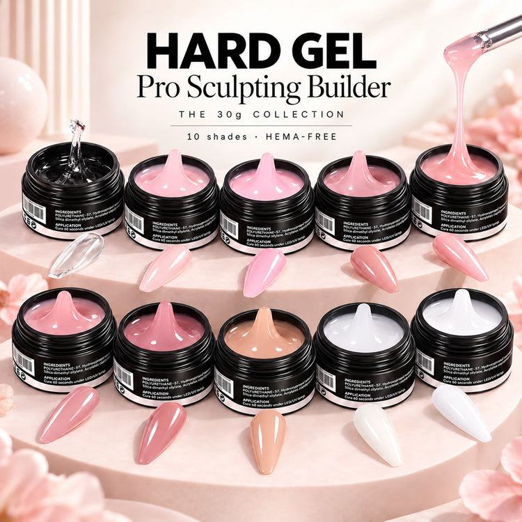 NSI Australia Hard Gel Pro Sculpting Builder — 30g collection, all 10 HEMA-free shades in open jars with matching nail swatches