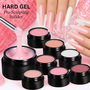 LED curable, shown in pots and on long sculpted nails