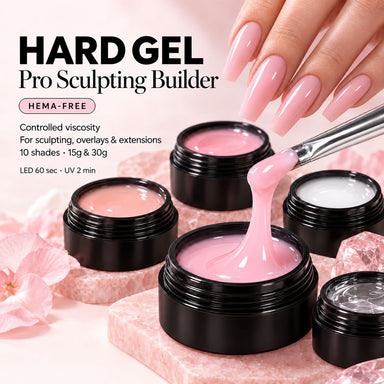 NSI Australia Hard Gel Pro Sculpting Builder HEMA-Free — pink hard gel lifted on a brush beside long sculpted nails, 10 shades in 15g and 30g