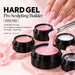 NSI Australia Hard Gel Pro Sculpting Builder HEMA-Free — pink hard gel lifted on a brush beside long sculpted nails, 10 shades in 15g and 30g