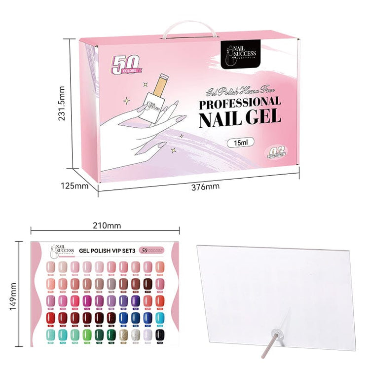 Nail Success Australia HEMA-free Gel Polish VIP Kit 3 packaging and colour chart with box and display card measurements