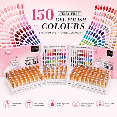 Nail Success Australia HEMA-free 150 gel polish colours collection with 3 premium kits, bottles and full shade display
