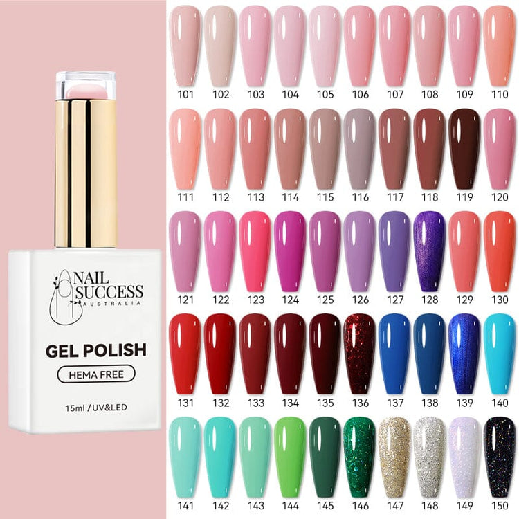 Nail Success Australia HEMA-free Gel Polish 15ml shade chart showing colours 101 to 150 with bottle