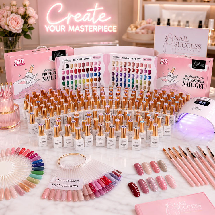 Nail Success Australia HEMA-free 150 colours gel polish collection displayed with bottles, shade charts, LED lamp and nail tools