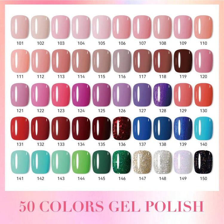 Nail Success Australia HEMA-free gel polish 50 colours kit chart with swatches shades 101 to 150