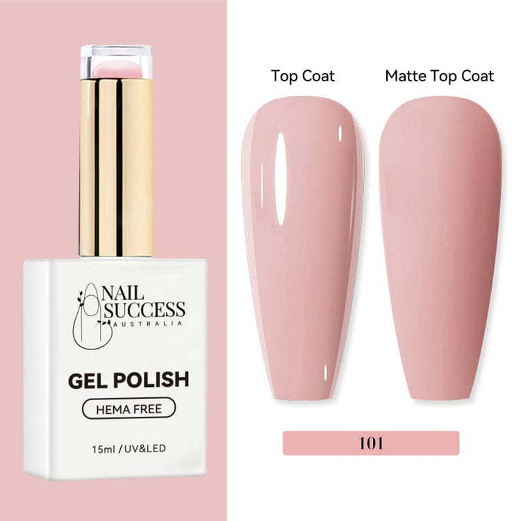 Nail Success Australia HEMA-free gel polish shade 101 with soft blush pink swatches in glossy and matte finish