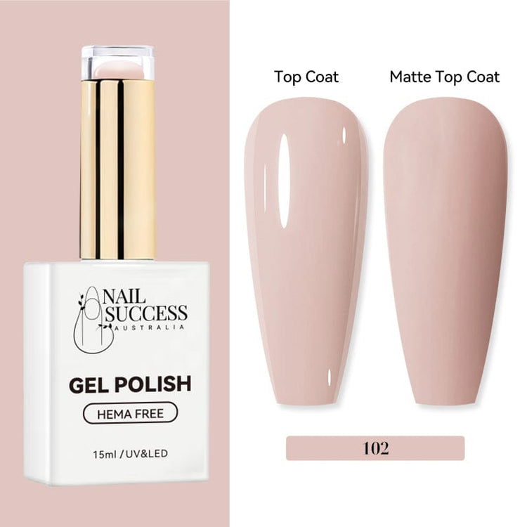 Nail Success Australia HEMA-free gel polish shade 102 with soft nude pink swatches in glossy and matte finish
