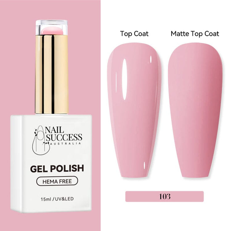 Nail Success Australia HEMA-free gel polish shade 103 with baby pink swatches in glossy and matte finish