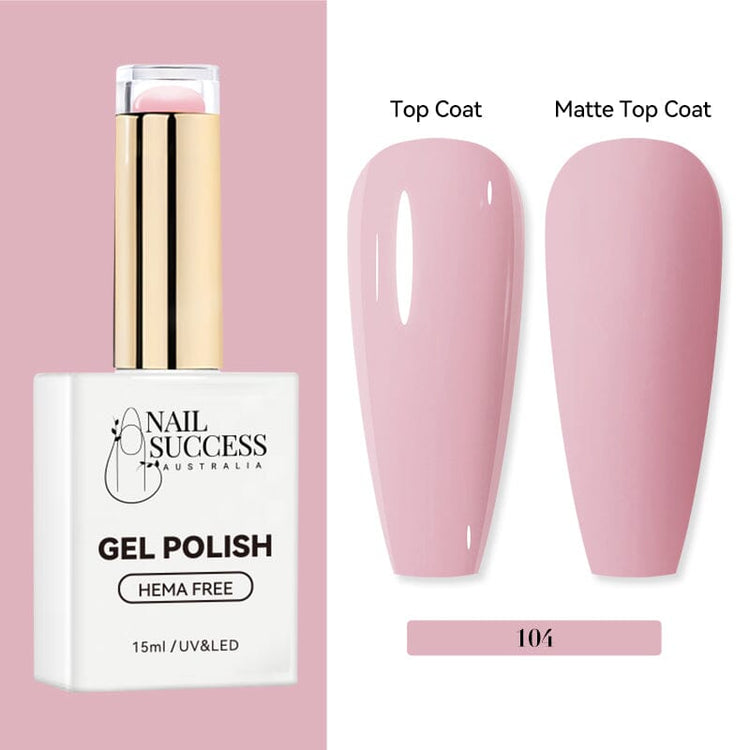 Nail Success Australia HEMA-free gel polish shade 104 with soft pastel pink swatches in glossy and matte finish