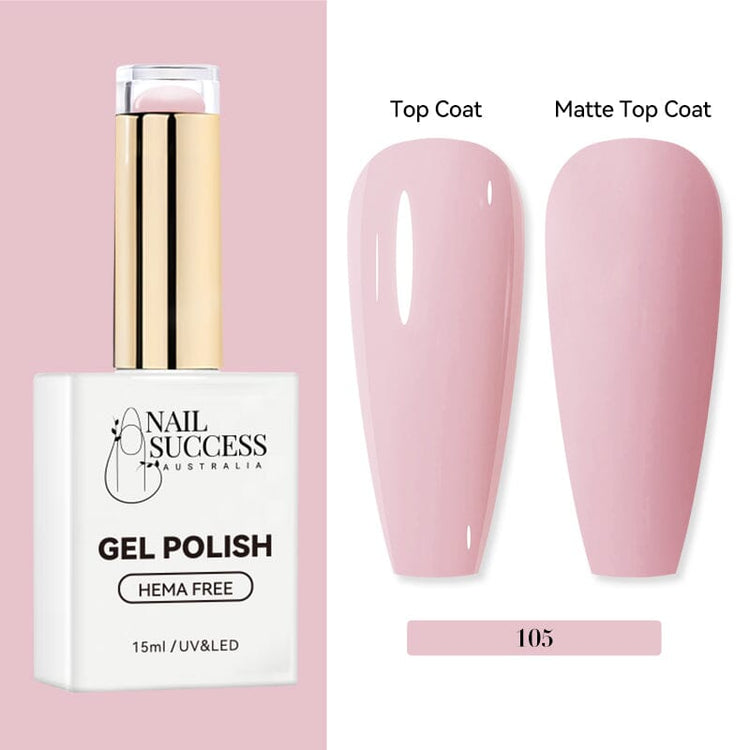 Nail Success Australia HEMA-free gel polish shade 105 with light blush pink swatches in glossy and matte finish