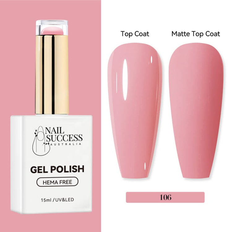 Nail Success Australia HEMA-free gel polish shade 106 with dusty rose pink swatches in glossy and matte finish
