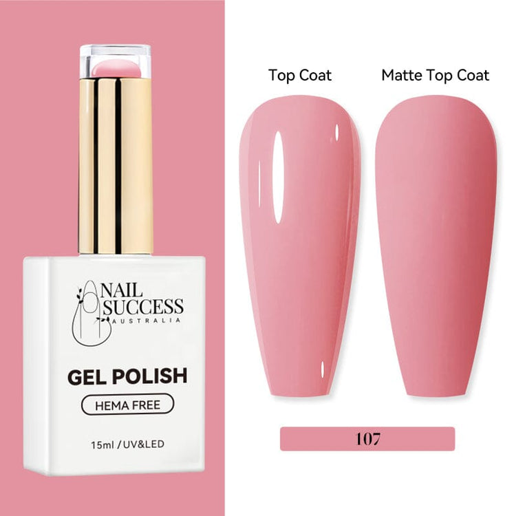 Nail Success Australia HEMA-free gel polish shade 107 with dusty pink swatches in glossy and matte finish