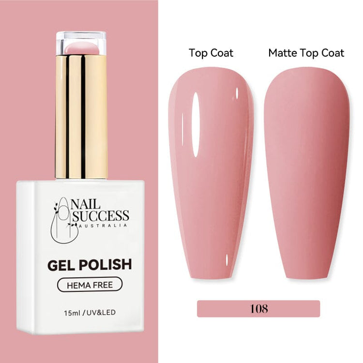 Nail Success Australia HEMA-free gel polish shade 108 with dusty blush pink swatches in glossy and matte finish
