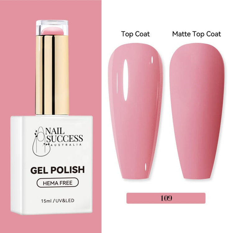 Nail Success Australia HEMA-free gel polish shade 109 with soft rose pink swatches in glossy and matte finish