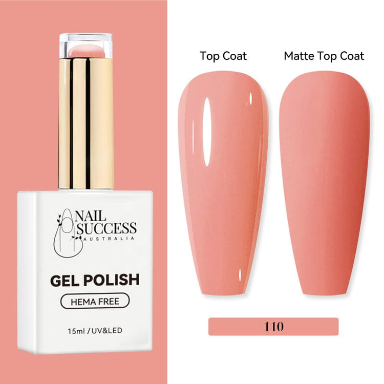 Nail Success Australia HEMA-free gel polish shade 110 with peachy coral pink swatches in glossy and matte finish