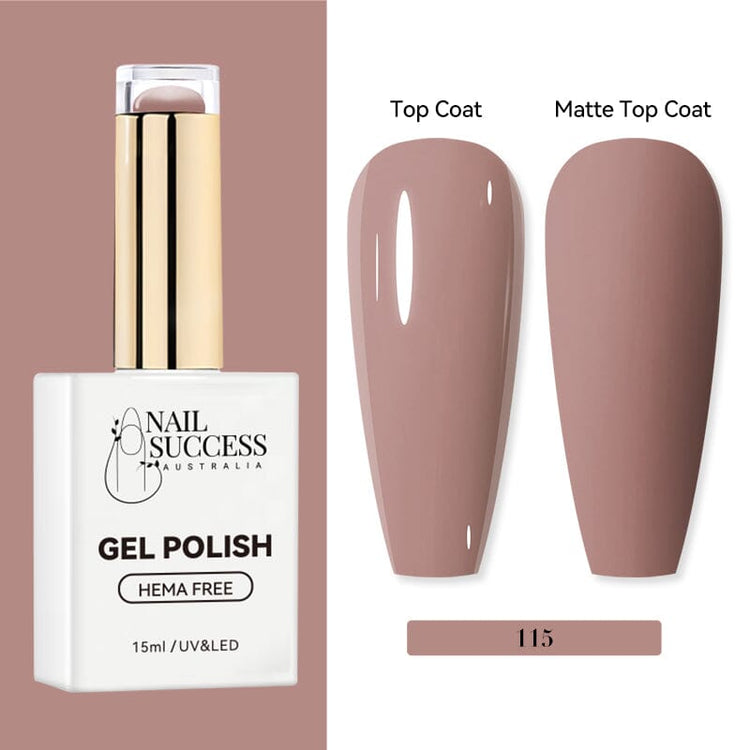 Nail Success Australia HEMA-free gel polish shade 115 with taupe nude swatches in glossy and matte finish