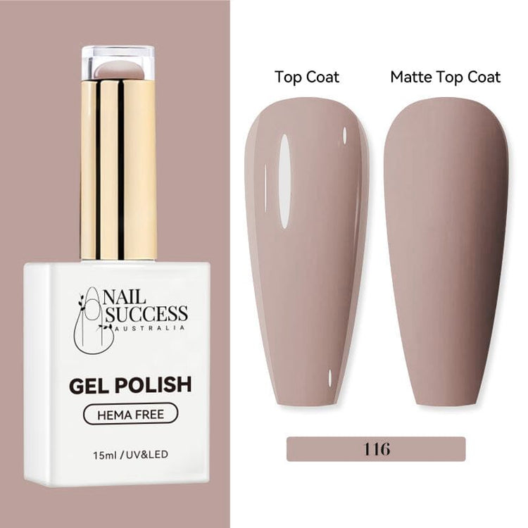 Nail Success HEMA-free gel polish 116 in a 15 ml bottle, shown beside taupe nail swatches with glossy and matte finishes.
