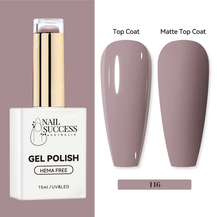 Nail Success Australia HEMA-free gel polish shade 116 with muted mauve taupe swatches in glossy and matte finish