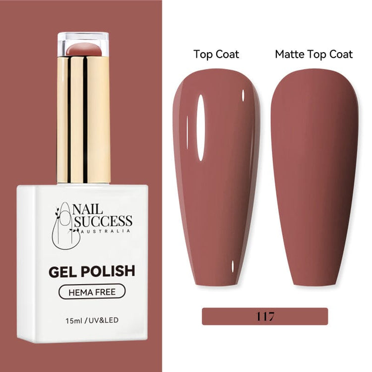 Nail Success Australia HEMA-free gel polish shade 117 with warm terracotta rose swatches in glossy and matte finish