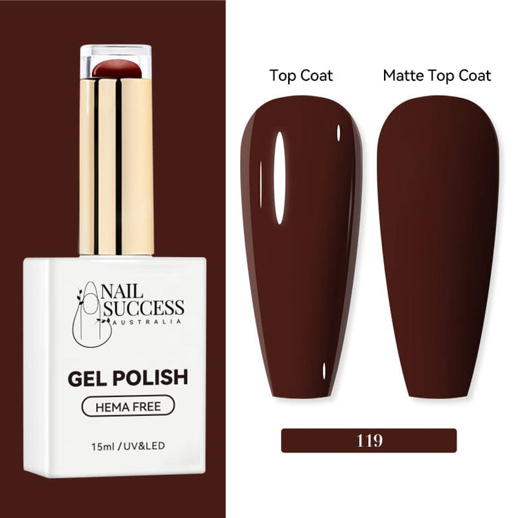 Nail Success Australia HEMA-free gel polish shade 119 with deep mahogany brown swatches in glossy and matte finish
