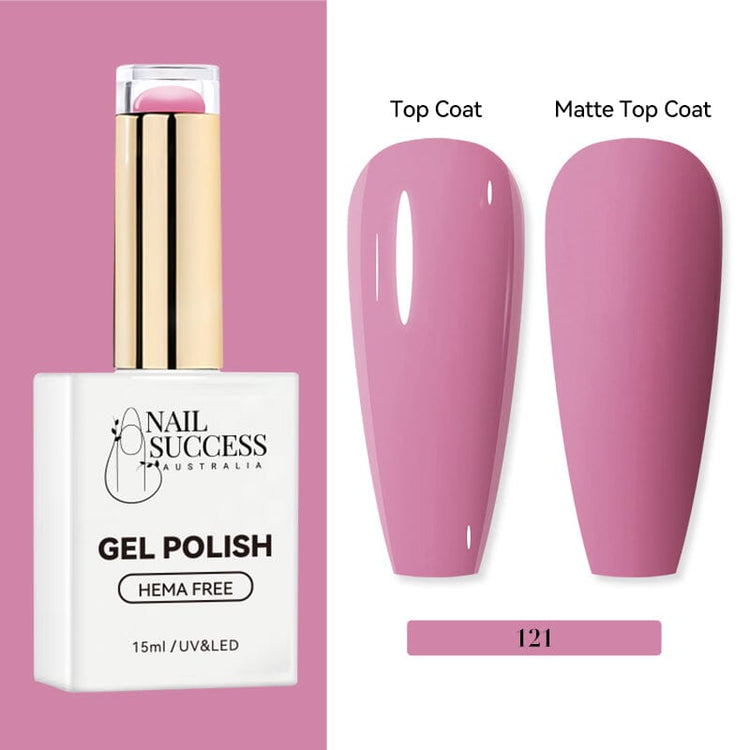 Nail Success Australia HEMA-free gel polish shade 121 with dusty mauve pink swatches in glossy and matte finish