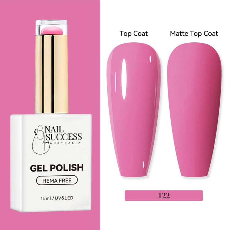 Nail Success Australia HEMA-free gel polish shade 122 with bright pink swatches in glossy and matte finish