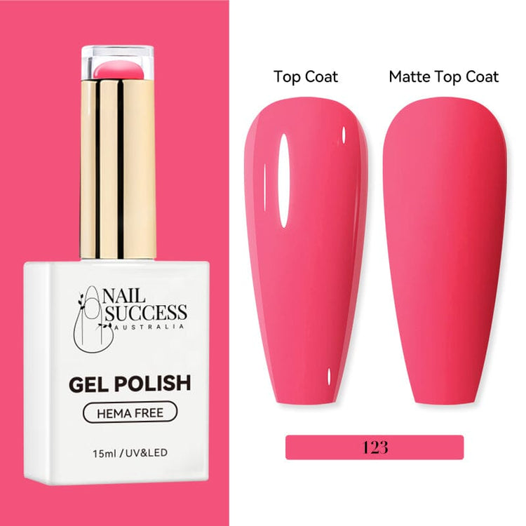 Nail Success Australia HEMA-free gel polish shade 123 with vibrant hot pink swatches in glossy and matte finish