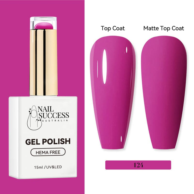 Nail Success Australia HEMA-free gel polish shade 124 with vibrant fuchsia pink swatches in glossy and matte finish