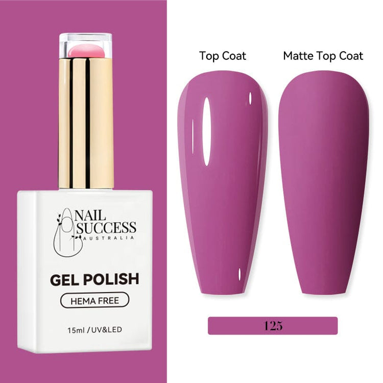 Nail Success Australia HEMA-free gel polish shade 125 with orchid pink swatches in glossy and matte finish