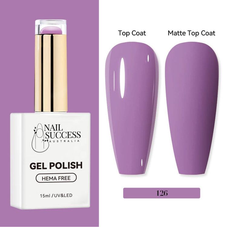 Nail Success Australia HEMA-free gel polish shade 126 with soft lavender lilac swatches in glossy and matte finish
