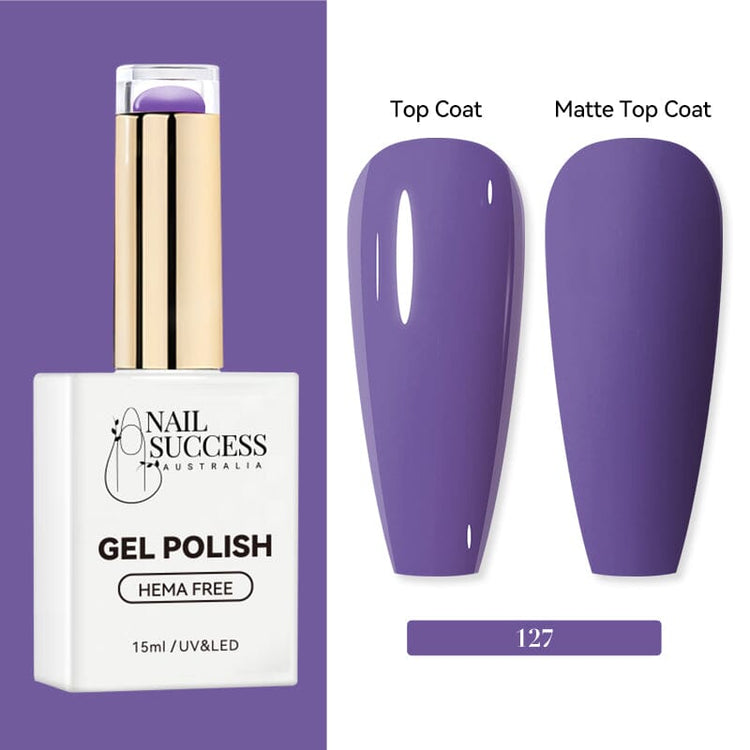 Nail Success Australia HEMA-free gel polish shade 127 with medium lavender purple swatches in glossy and matte finish