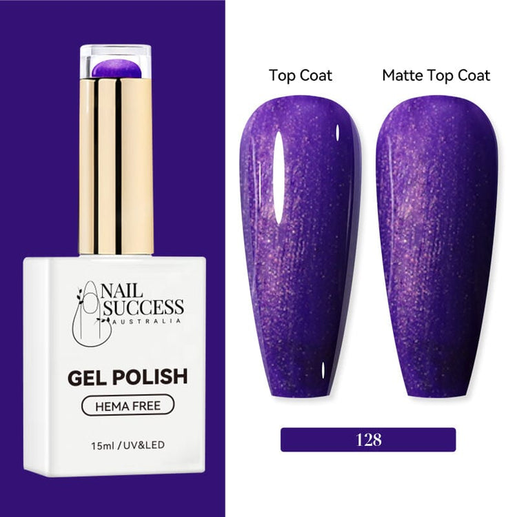 Nail Success Australia HEMA-free gel polish shade 128 with vibrant purple shimmer swatches in glossy and matte finish