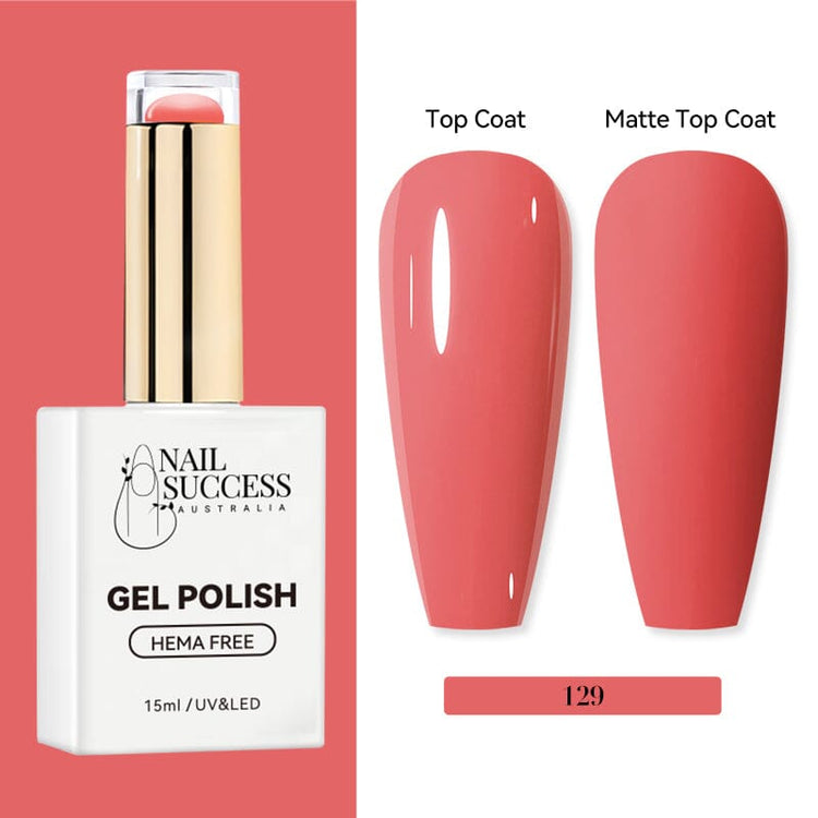 Nail Success Australia HEMA-free gel polish shade 129 with coral pink swatches in glossy and matte finish