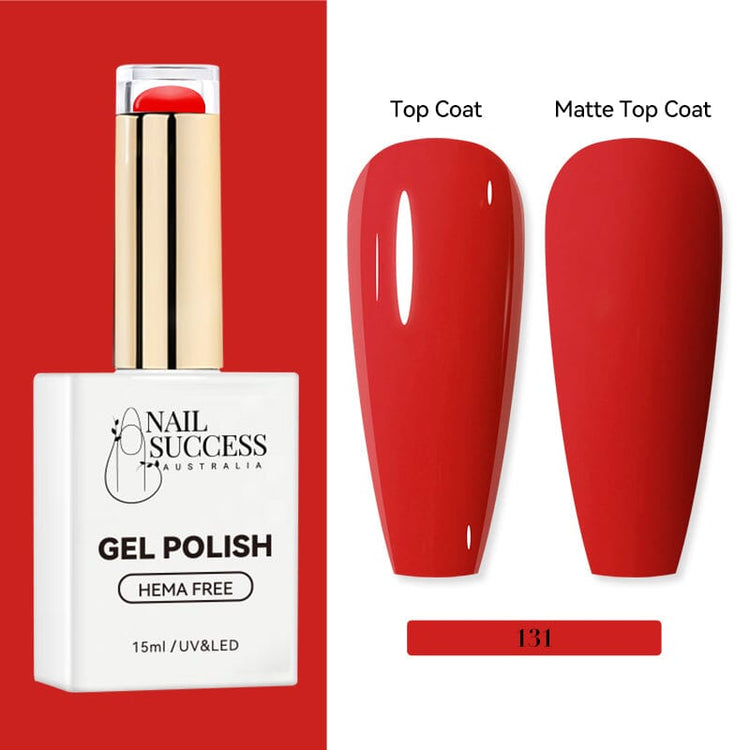 Nail Success Australia HEMA-free gel polish shade 131 with bright classic red swatches in glossy and matte finish