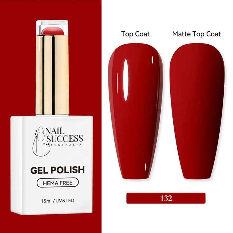 Nail Success Australia HEMA-free gel polish shade 132 with deep true red swatches in glossy and matte finish