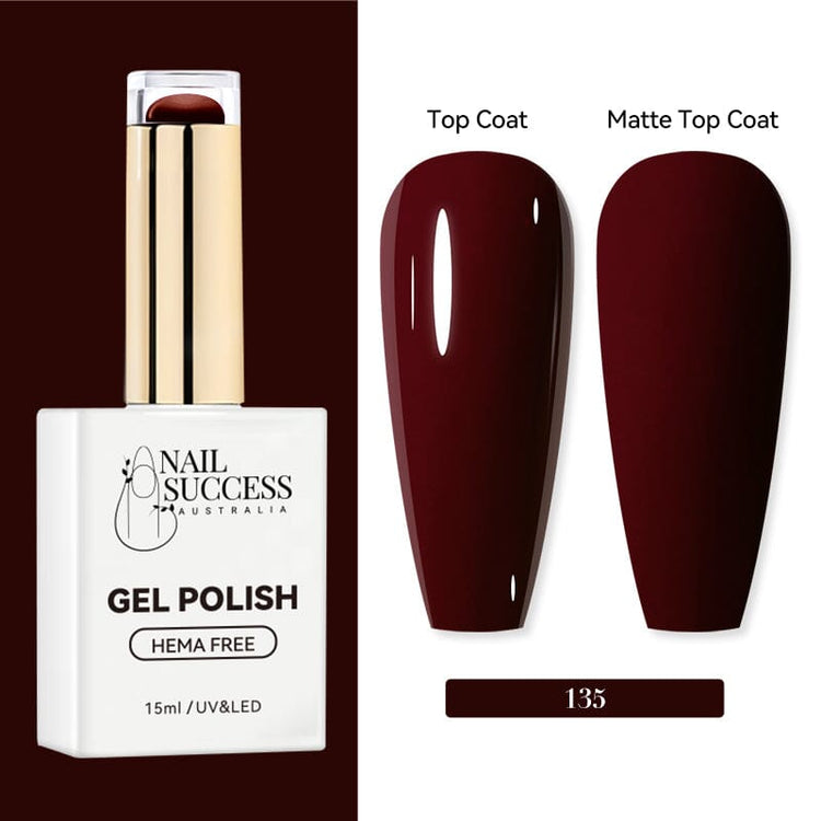 Nail Success Australia HEMA-free gel polish shade 135 with deep oxblood red swatches in glossy and matte finish