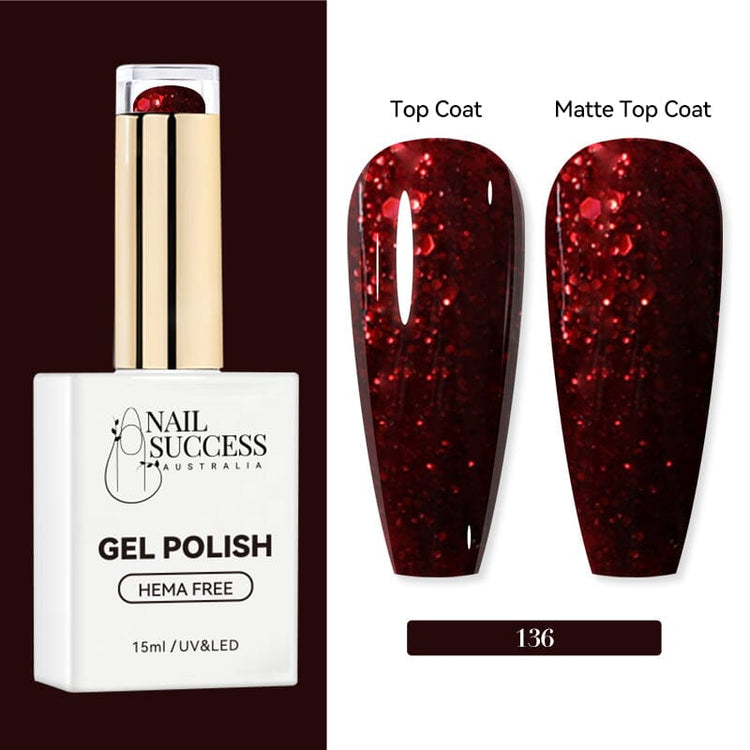 Nail Success Australia HEMA-free gel polish shade 136 with deep red glitter swatches in glossy and matte finish