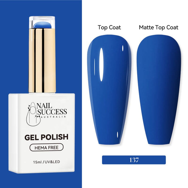 Nail Success Australia HEMA-free gel polish shade 137 with bold cobalt blue swatches in glossy and matte finish