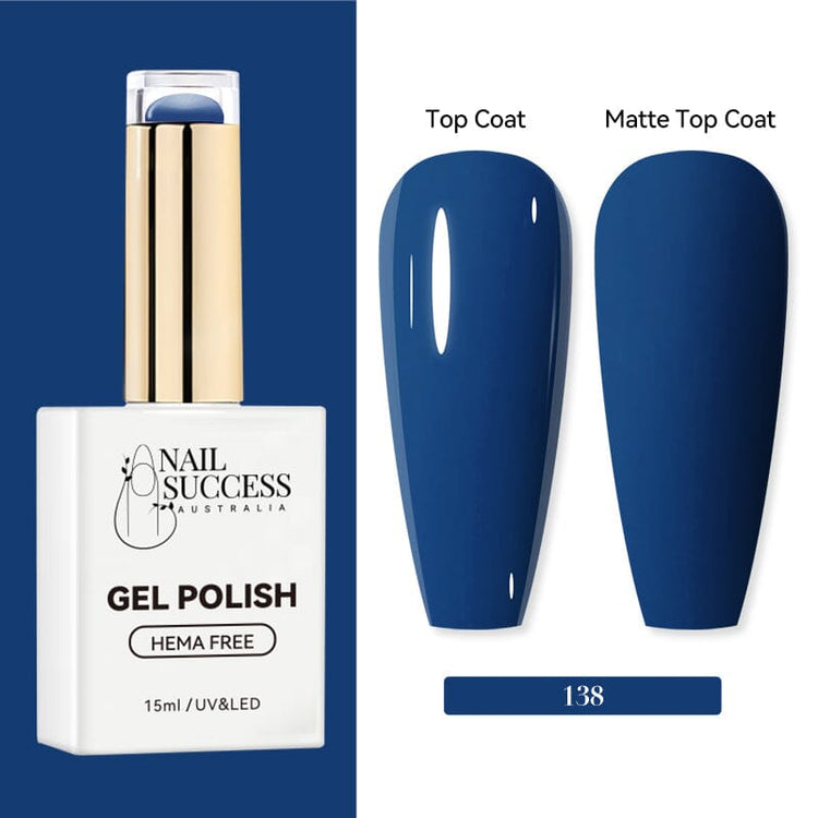 Nail Success Australia HEMA-free gel polish shade 138 with deep denim blue swatches in glossy and matte finish