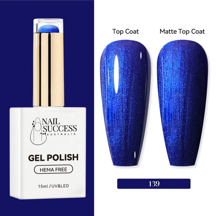 Nail Success Australia HEMA-free gel polish shade 139 with royal blue shimmer swatches in glossy and matte finish