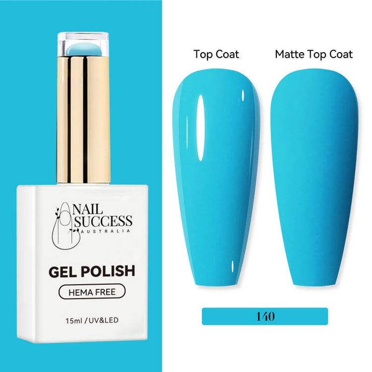 Nail Success Australia HEMA-free gel polish shade 140 with bright sky blue swatches in glossy and matte finish