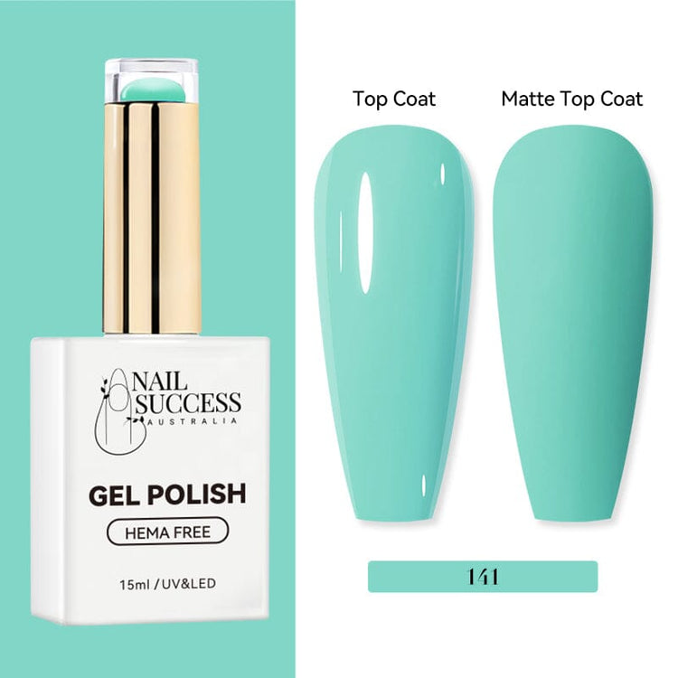 Nail Success Australia HEMA-free gel polish shade 141 with soft aqua mint swatches in glossy and matte finish