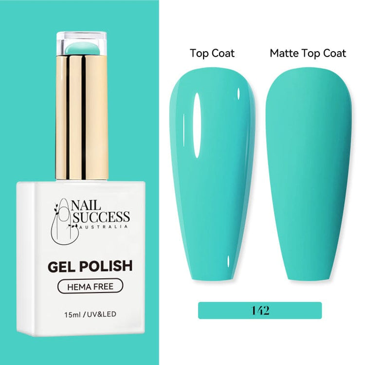 Nail Success Australia HEMA-free gel polish shade 142 with bright aqua teal swatches in glossy and matte finish