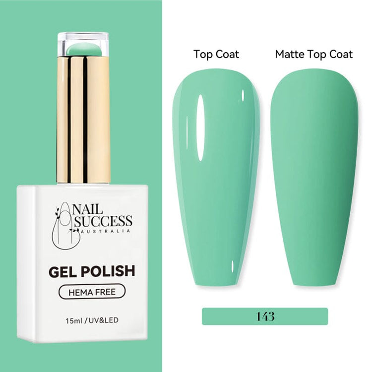 Nail Success Australia HEMA-free gel polish shade 143 with pastel mint green swatches in glossy and matte finish