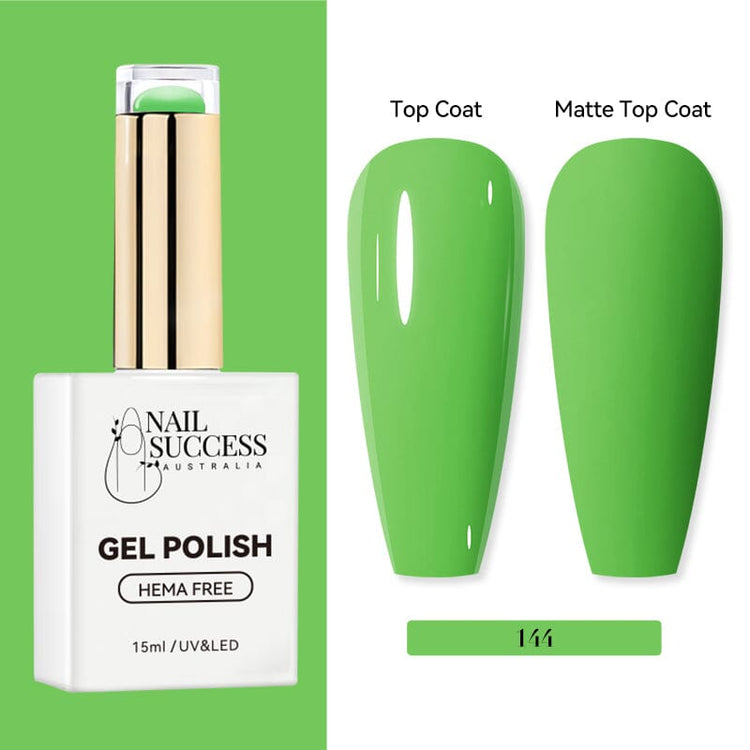 Nail Success Australia HEMA-free gel polish shade 144 with bright lime green swatches in glossy and matte finish