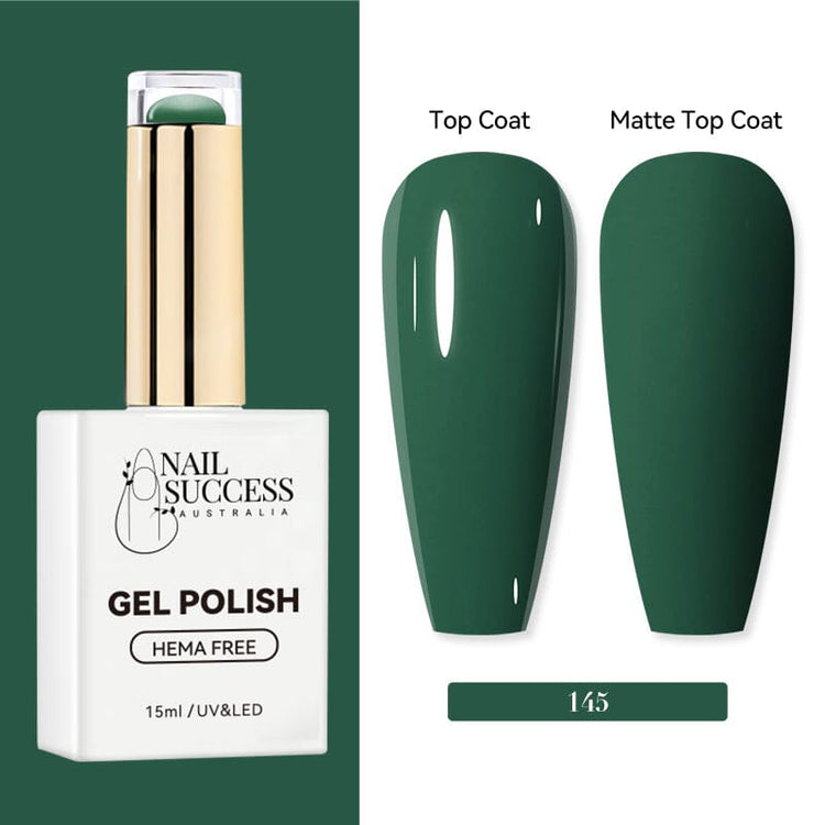 Nail Success Australia HEMA-free gel polish shade 145 with deep forest green swatches in glossy and matte finish