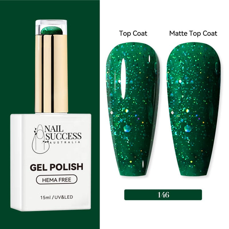 Nail Success Australia HEMA-free gel polish shade 146 with emerald green glitter swatches in glossy and matte finish