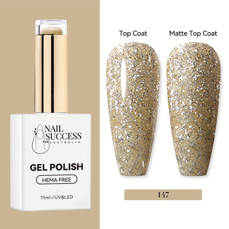Nail Success Australia HEMA-free gel polish shade 147 with champagne gold glitter swatches in glossy and matte finish